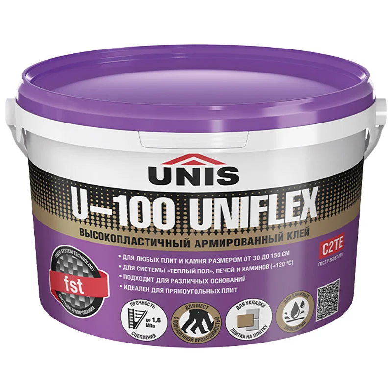 Клей армированный для плитки любого типа С2 ТЕ Юнис U-100 UNIFLEX, 5 кг