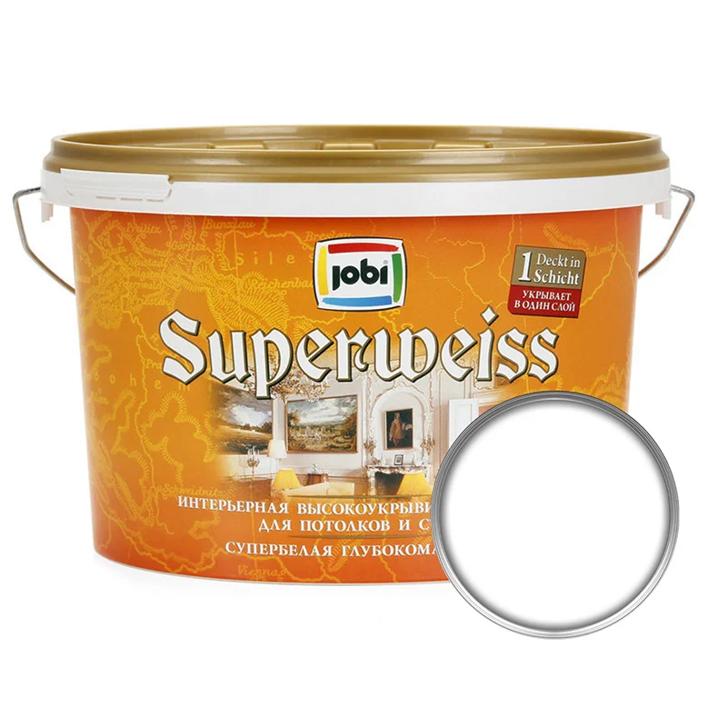 Краска интерьерная JOBI Superweis супербелая, матовая, акриловая, база А, 5 л