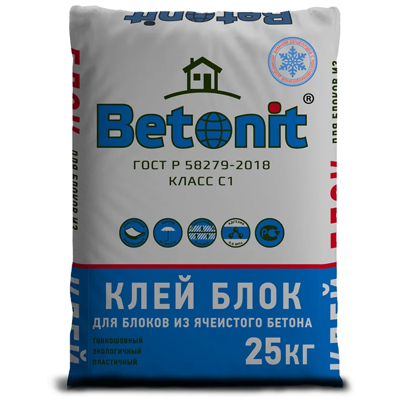 Клей для блоков из ячеистого бетона Бетонит Клей Блок Зима -15°С, 25 кг