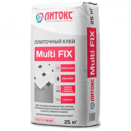 Клей плиточный C1 Литокс Multi Fix 3-10 мм, для внутренних и наружных работ, 25 кг