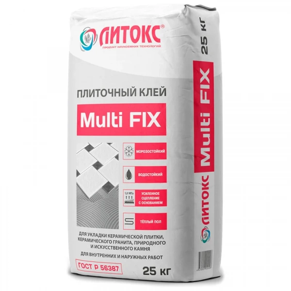 Клей плиточный C1 Литокс Multi Fix 3-10 мм, для внутренних и наружных работ, 25 кг