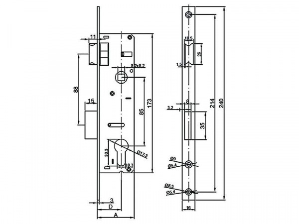 Замок Elementis с ригелем и фалевой защелкой 153 PZ/F16/35/85/8