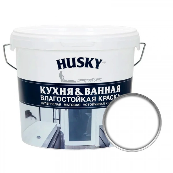Краска HUSKY Кухня и Ванна акриловая, влагостойкая, супербелая, матовая, база А, 9 л