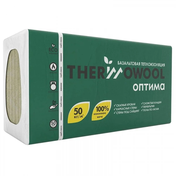 Плита минераловатная на основе базальта ИЗОМИН Thermo Wool Оптима 50 кг/м³, 1200х600х50 мм (5,76 м², 0,288 м³, 8 шт.)