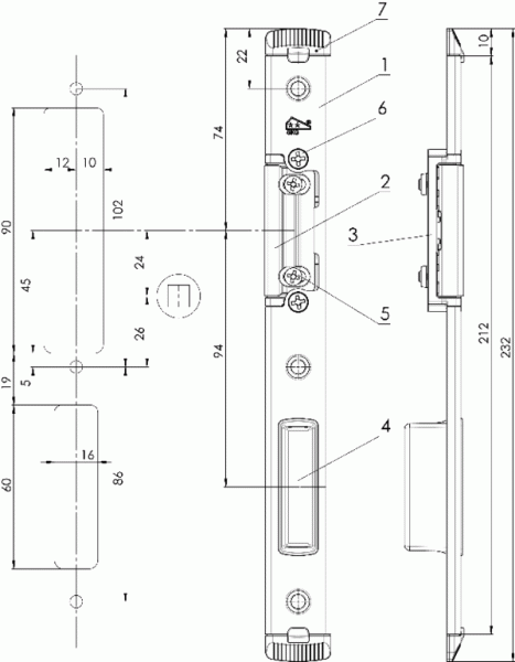 Планка ответная Maxbar для ригеля и защелки, регулируемая, правая, U24x5