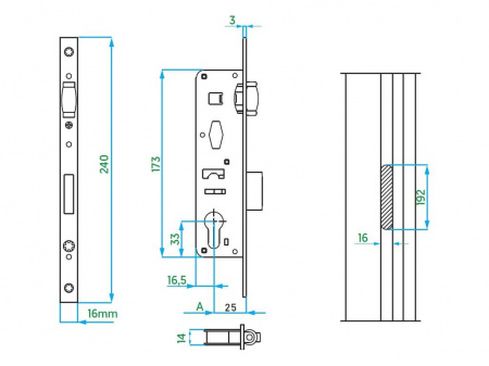 Замок с роликовой защелкой и ригелем 16/25/240