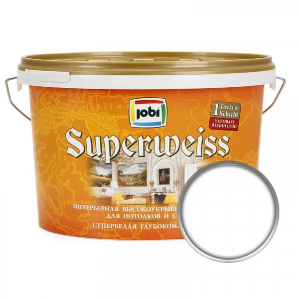 Краска интерьерная JOBI Superweis супербелая, матовая, акриловая, база А, 5 л