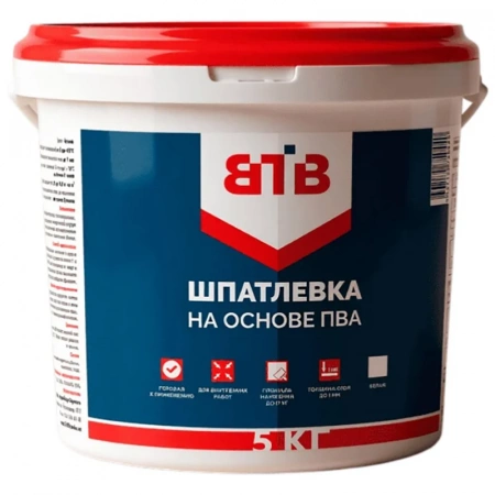 Шпатлёвка финишная готовая на основе ПВА белая для внутренних работ, 5 кг, ВТВ