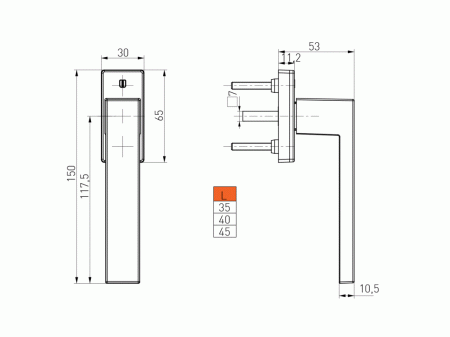 Ручка оконная Internika DUBLIN 35 мм, алюминиевая, 2 винта, серебро F1 (45°) (матовая поверхность)