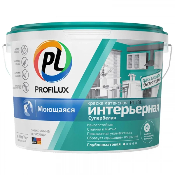 Краска ВД моющаяся латексная интерьерная ProfiLux PL- 13L, база 1/А, 3 кг