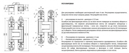 Петля дверная скрытая универсальная, 3D, 160х28 мм, 100 кг, сатин хром., с 4 металл. колпачками