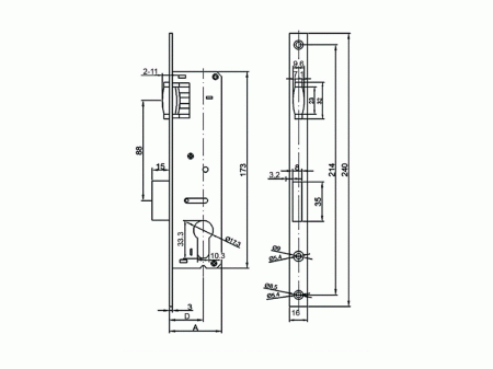 Замок Elementis с ригелем и роликовой защелкой 155 PZ/F16/35