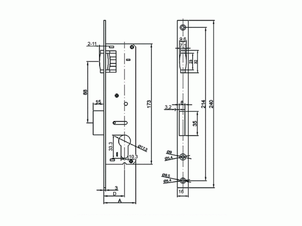 Замок Elementis с ригелем и роликовой защелкой 155 PZ/F16/35