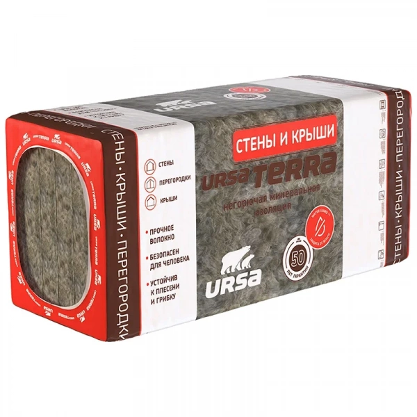 Плита из стекловолокна URSA TERRA 37 PN Стены и крыши 1200х610х100 мм (3,66 м², 0,366 м³, 5 плит)