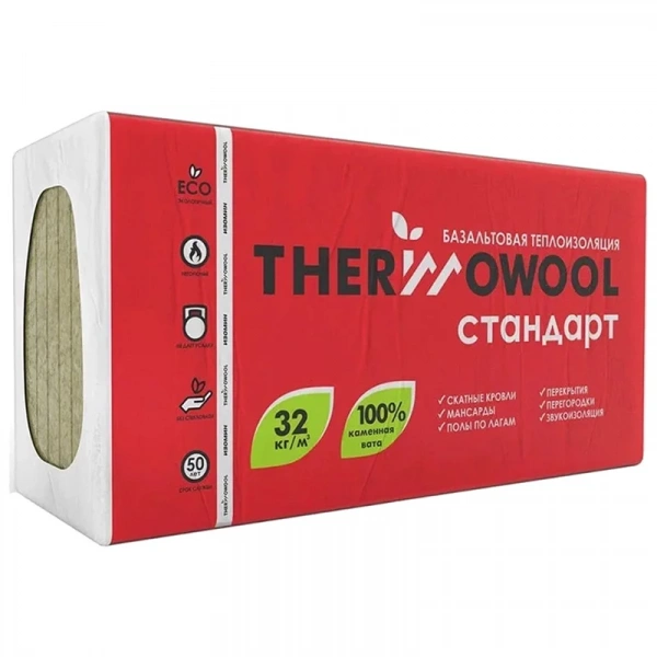 Плита минераловатная на основе базальта ИЗОМИН Thermo Wool Стандарт 32 кг/м³ 1200х600х100 мм (2,88 м², 0,288 м³, 4 шт.)